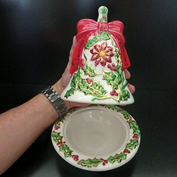 Holiday Bell 9" Candy Dish Vintage 1970's Christmas Ceramic Seasons Greetings - Picture 2 of 14